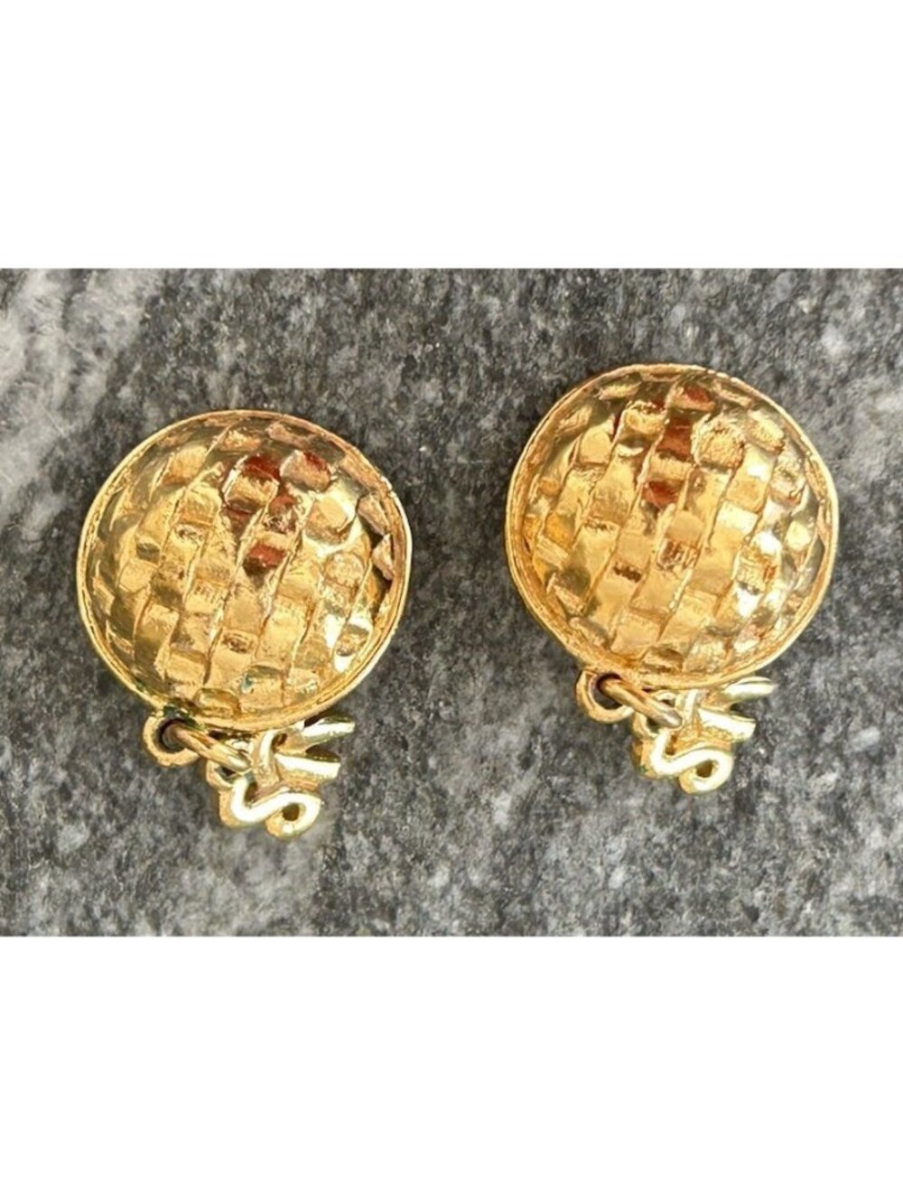 Sonia Rykiel Vintage Clip On Earrings SR Logo Gold Tone Basketweave Dome Huggie